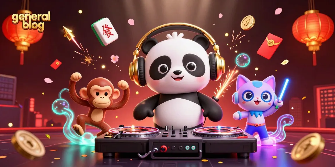 DJ panda spinning on roulette wheels amidst vibrant casino elements for general blog theme