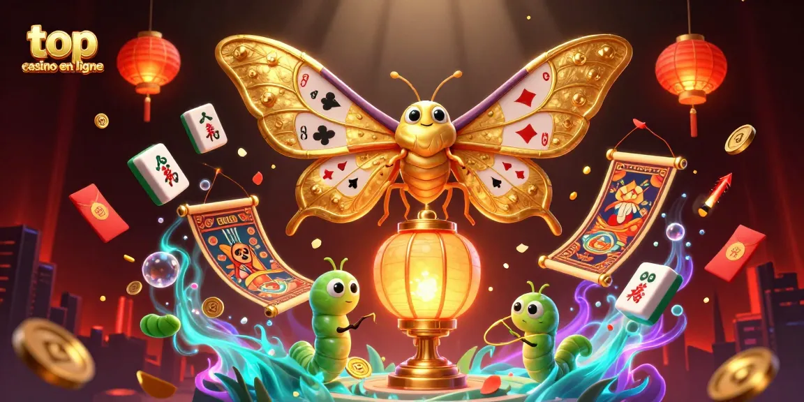 Découvrez le meilleur casino en ligne dans une illustration dynamique avec un papillon et des éléments de jeu