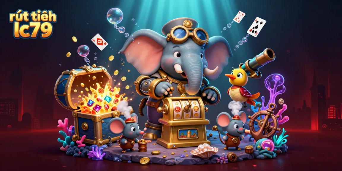 Giao diện rút tiền lc79 với sự hoạt động của máy slot trong không gian đầy màu sắc.
