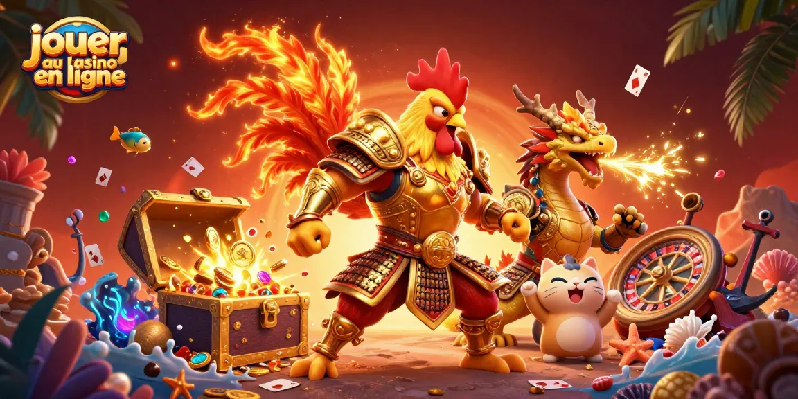 Jouer au casino en ligne dans une scène dynamique avec un guerrier coq, un dragon, et des jeux de cartes.