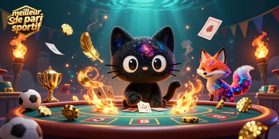 Illustration de "meilleur site de pari sportif", représentant un chat noir gravitationnel et un renard nébuleux au casino.