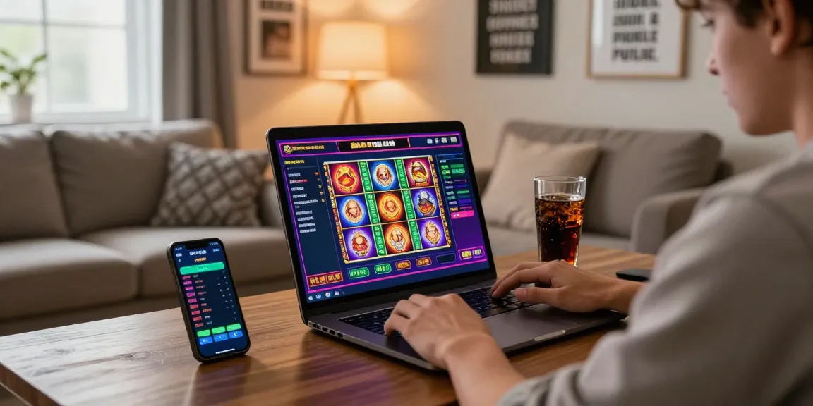 Engaged player exploring gaming options on raja328 platform with vibrant screens.